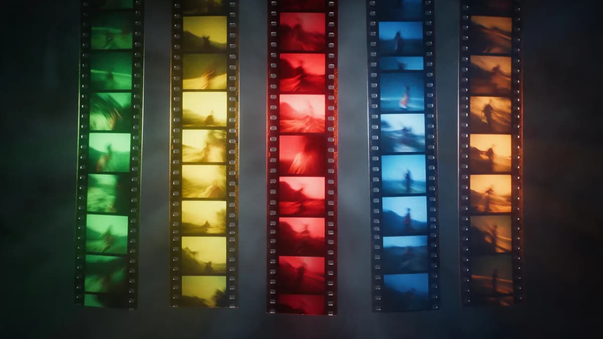 Five glowing film strips side by side in a dark studio, each a different color, representing five AI video models compared