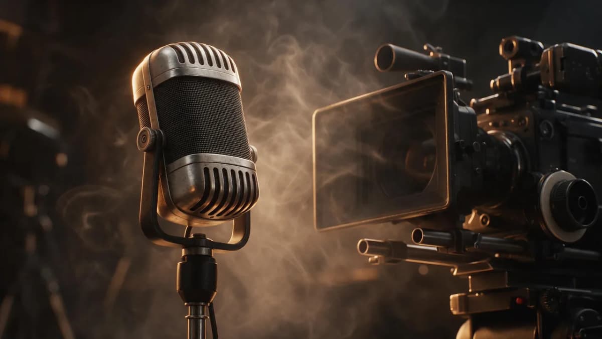 A cinematic close-up of a vintage microphone and a film camera on a dark set, lit by warm rim light, symbolizing video with native sound