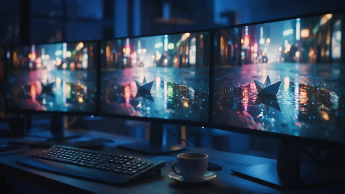 A filmmaker's desk at night with three monitors showing different versions of the same rainy street scene, cool blue light