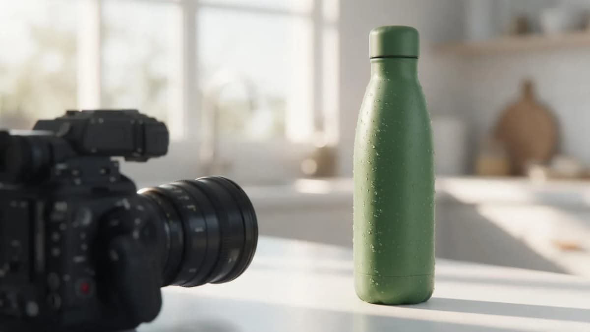 A sleek water bottle on a kitchen counter in soft morning light with a cinema camera blurred in the foreground, ad production feel