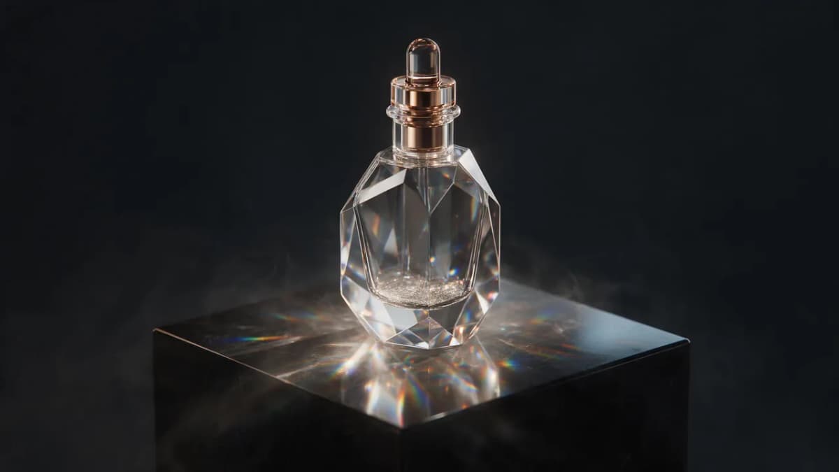 A perfume bottle on black marble with light refracting through the glass, mist drifting at the base, luxury product video style