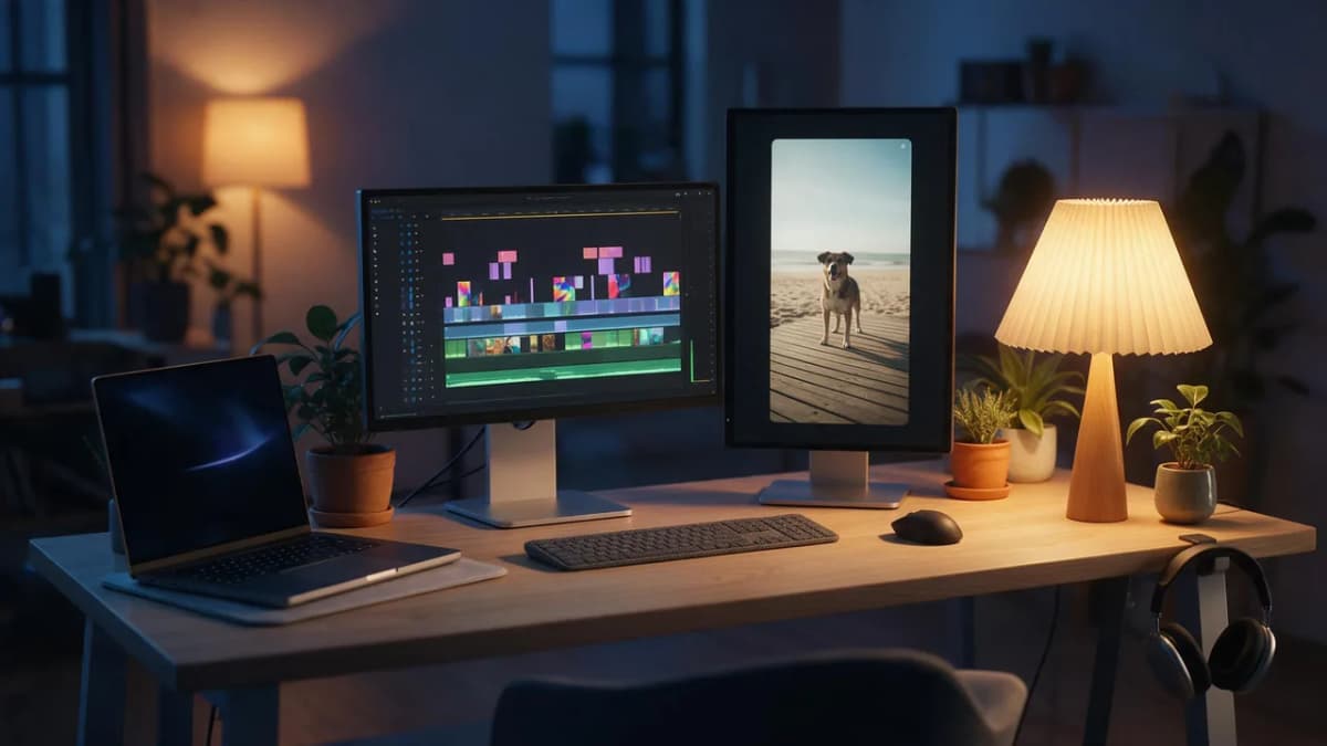 Creator's desk at dusk with a laptop and two monitors showing a vertical video draft and a timeline of colorful clips, warm and cool mixed lighting
