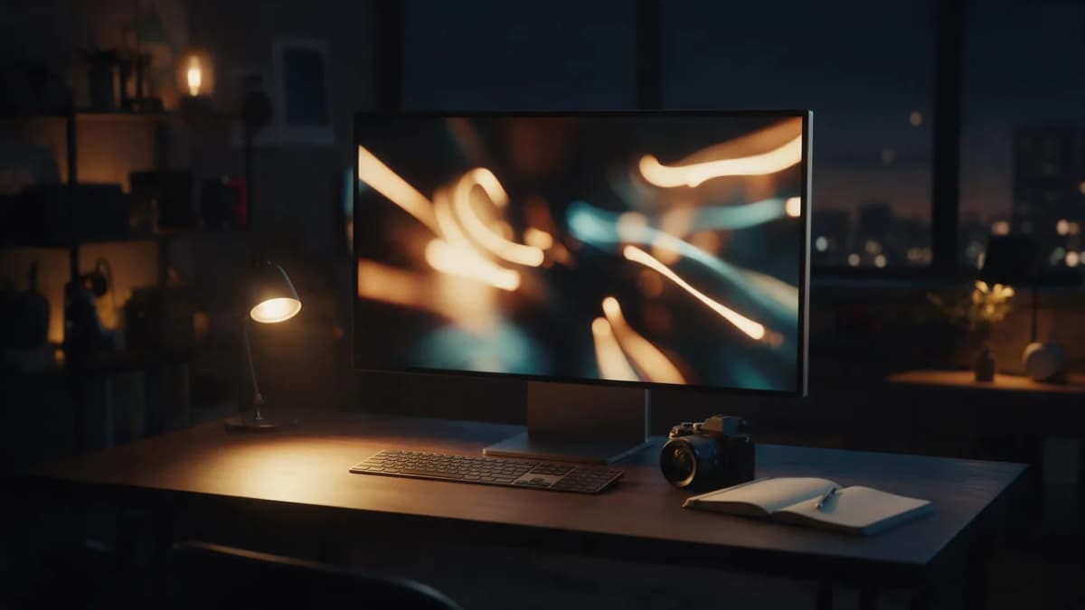 A creator's dark desk at night with a monitor glowing with abstract warm and cyan light trails, a camera and a notebook beside the keyboard