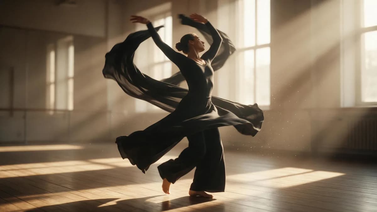 A contemporary dancer in a black long-sleeve leotard and wide trousers mid-turn in a sunlit empty studio, fabric flowing