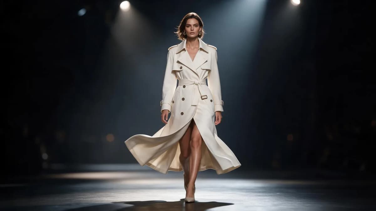 A fashion model in a tailored ivory trench coat walking down a dark runway under soft spotlights, shallow depth of field