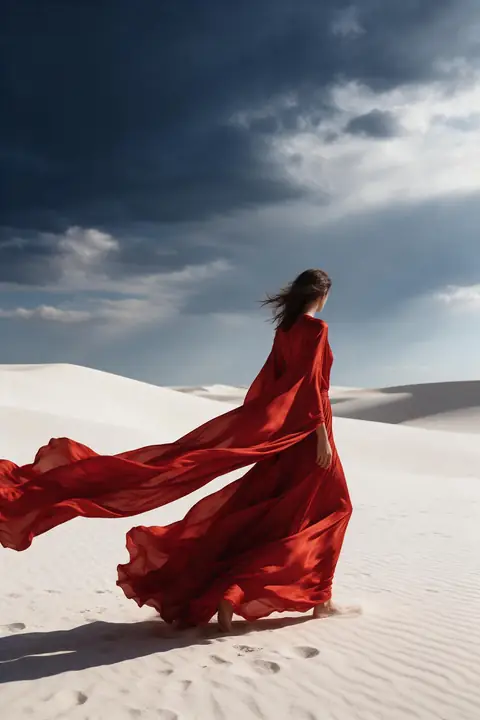 Fashion editorial of a model in a flowing crimson silk gown walking across white sand dunes, fabric trail caught by the wind, dramatic sky