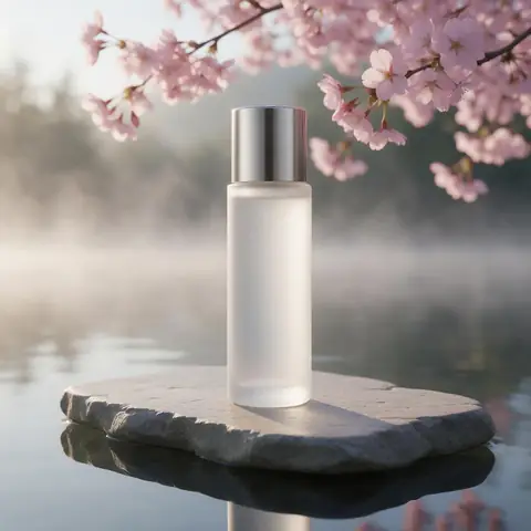Frosted glass skincare bottle on a floating stone slab above still water, cherry blossoms, soft morning mist, commercial product photo