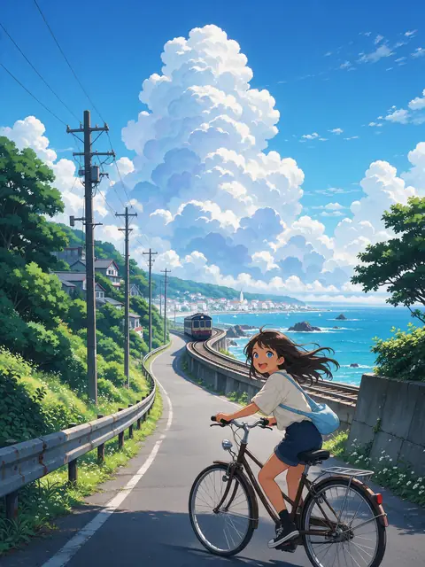 Anime-style illustration of a girl riding a bicycle along a seaside road in summer, towering clouds, a small train in the distance