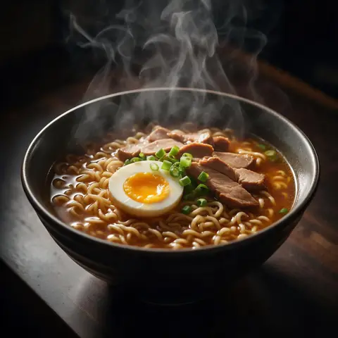 Steam rising slowly from a bowl of ramen with a soft egg and sliced pork on a dark wooden counter, dramatic side light