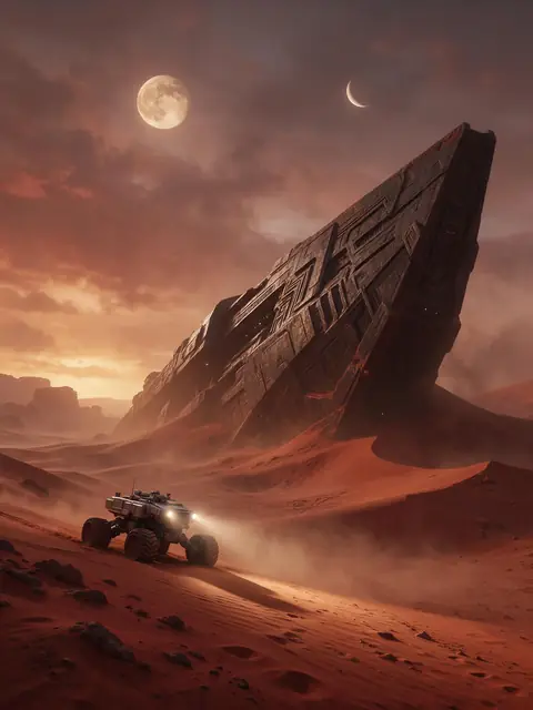 A small rover drives toward a colossal ancient spaceship half buried in red desert dunes under two moons, dust blowing