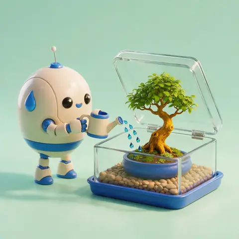 Cute 3D render of a tiny round robot gardener watering a bonsai inside a glass terrarium, pastel mint background
