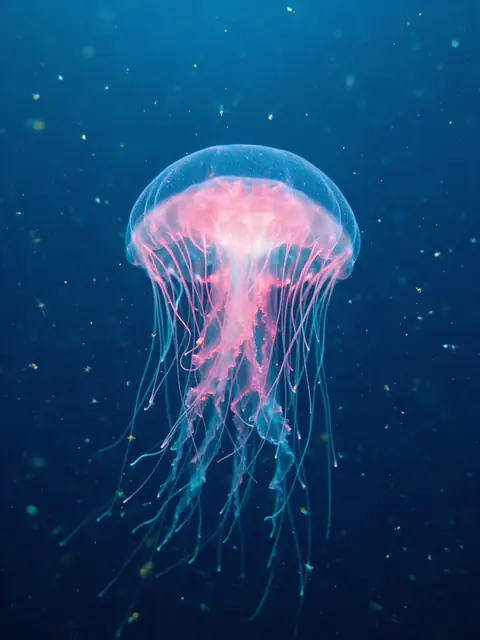 A glowing jellyfish drifting upward in deep blue ocean water, bioluminescent pink and cyan tendrils, floating particles